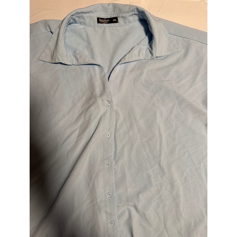 SHEIN CURVE Women's 1XL Blue Button-Up Short Sleeve Shirt Top‎ Blouse